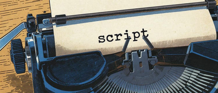 Ink style art of an old typewriter with a page with the word "script" typed